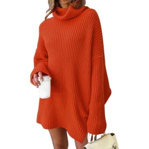 imageLILLUSORY Womens Turtleneck Oversized Long Sweater Dress 2025 Plus Size Tunic Pullover Knit Winter DressesOrange