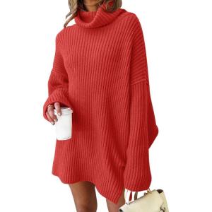 imageLILLUSORY Womens Turtleneck Oversized Long Sweater Dress 2025 Plus Size Tunic Pullover Knit Winter DressesRed