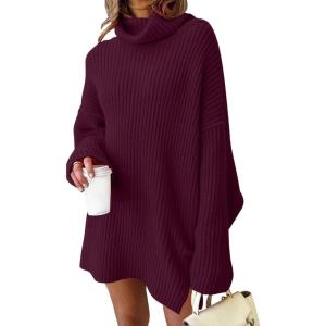 imageLILLUSORY Womens Turtleneck Oversized Long Sweater Dress 2025 Plus Size Tunic Pullover Knit Winter DressesWine Red