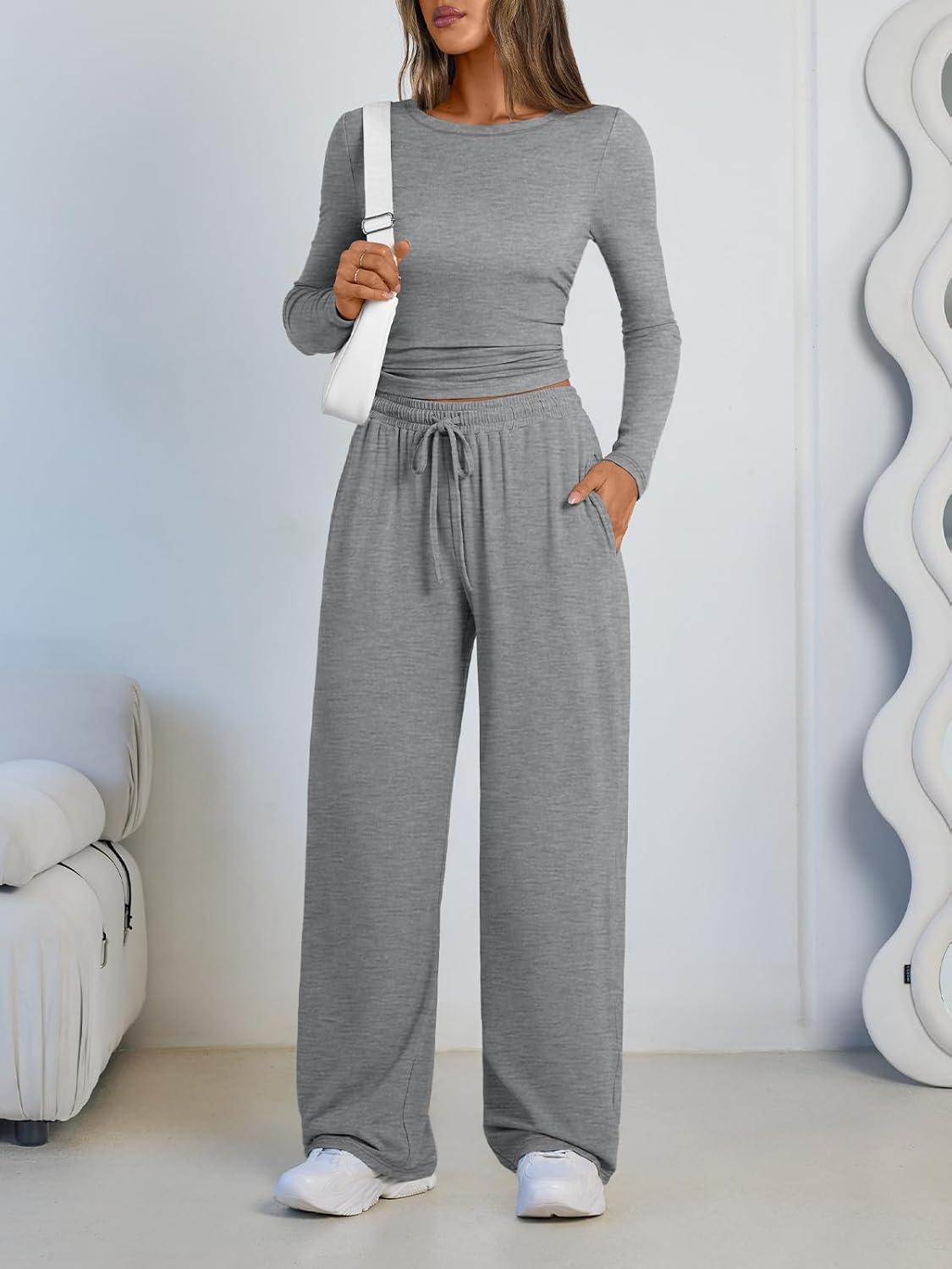 imageLILLUSORY 2 Piece Lounge Sets for Women Fall Outfits 2025 Two Piece Travel Sweatsuits Business Casual Fashion ClothesDark Heather Grey