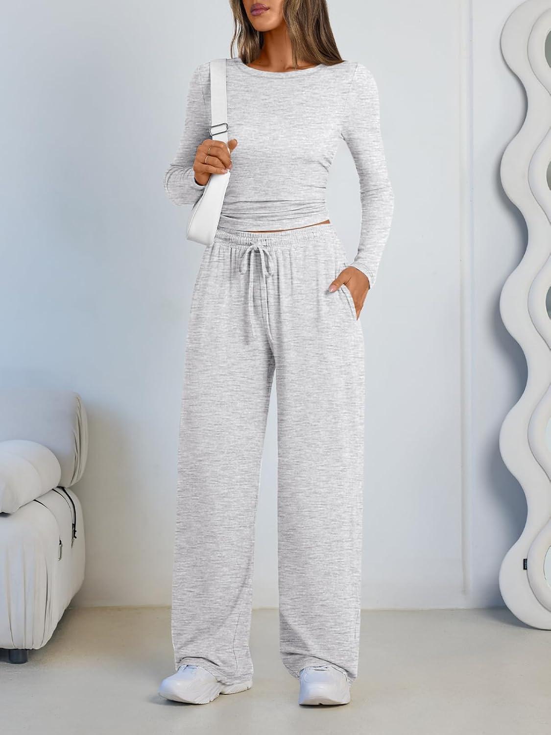 imageLILLUSORY 2 Piece Lounge Sets for Women Fall Outfits 2025 Two Piece Travel Sweatsuits Business Casual Fashion ClothesOatmeal Grey