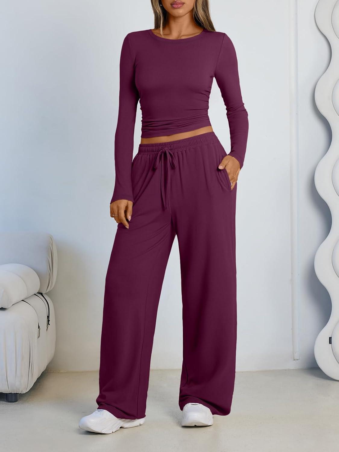imageLILLUSORY 2 Piece Lounge Sets for Women Fall Outfits 2025 Two Piece Travel Sweatsuits Business Casual Fashion ClothesWine Purple