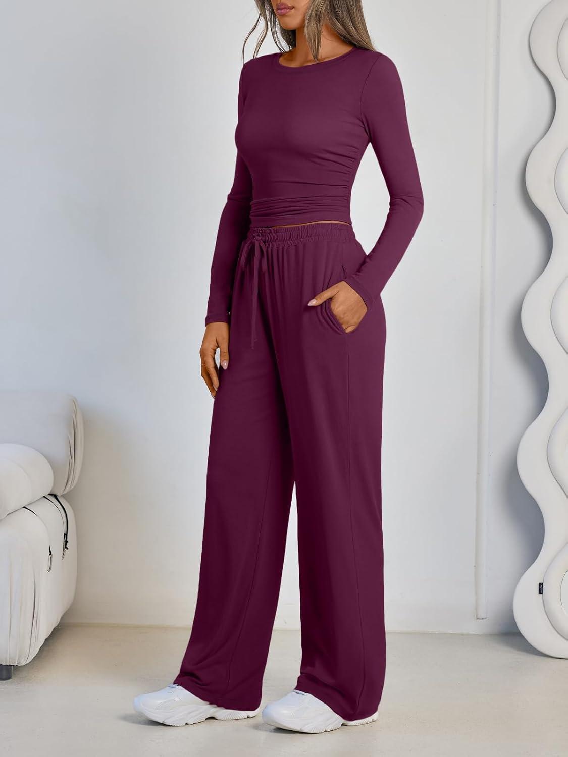 imageLILLUSORY 2 Piece Lounge Sets for Women Fall Outfits 2025 Two Piece Travel Sweatsuits Business Casual Fashion ClothesWine Purple