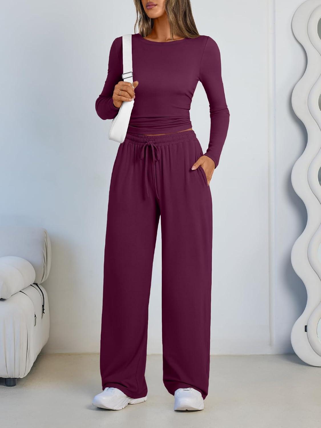imageLILLUSORY 2 Piece Lounge Sets for Women Fall Outfits 2025 Two Piece Travel Sweatsuits Business Casual Fashion ClothesWine Purple
