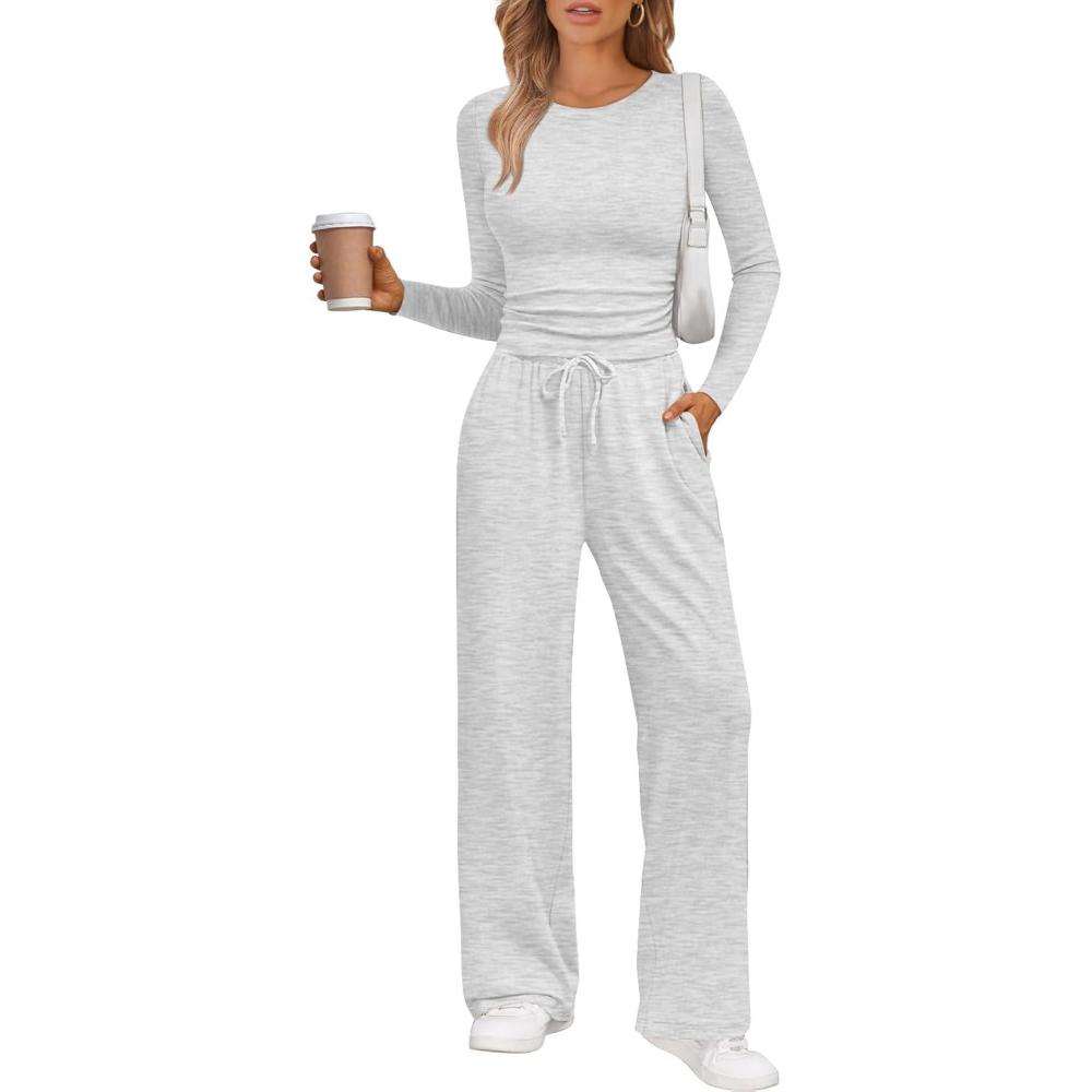 imageLILLUSORY 2 Piece Lounge Sets for Women Fall Outfits 2025 Two Piece Travel Sweatsuits Business Casual Fashion ClothesOatmeal Grey