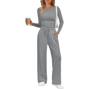imageLILLUSORY 2 Piece Lounge Sets for Women Fall Outfits 2025 Two Piece Travel Sweatsuits Business Casual Fashion ClothesDark Heather Grey