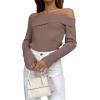 imageLILLUSORY Womens Off The Shoulder Sweaters Going Out Fall Sexy Knit Pullover Lightweight Asymmetrical Tops Clothes 2025Caramel