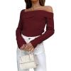 imageLILLUSORY Womens Off The Shoulder Sweaters Going Out Fall Sexy Knit Pullover Lightweight Asymmetrical Tops Clothes 2025Wine Red
