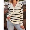 imageLILLUSORY Womens V Neck Pullover Sweaters Casual Cable Knit Chunky Warm Cute Tops with Collar PoloStriped Apricot