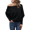 imageLILLUSORY Women One Shoulder Sweater Fall Fashion Long Batwing Sleeve Knit Pullover Cute Tops Trendy OutfitsBlack