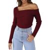 imageLILLUSORY Womens Off The Shoulder Sweaters Going Out Fall Sexy Knit Pullover Lightweight Asymmetrical Tops Clothes 2025Wine Red