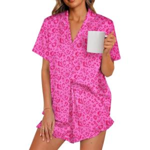 imageLILLUSORY Graphic Satin Pajamas for Women Set 2 Piece Ruffle Pjs Matching Lounge Party Button Down Sleepwear Silk NightwearHotpinkleopard