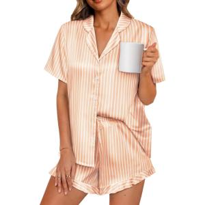 imageLILLUSORY Graphic Satin Pajamas for Women Set 2 Piece Ruffle Pjs Matching Lounge Party Button Down Sleepwear Silk NightwearStripedchampagne