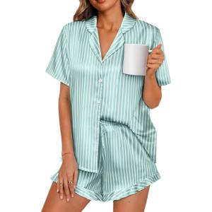 imageLILLUSORY Graphic Satin Pajamas for Women Set 2 Piece Ruffle Pjs Matching Lounge Party Button Down Sleepwear Silk NightwearStripedgreen
