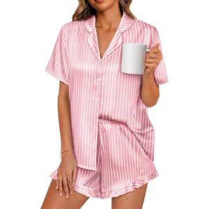 imageLILLUSORY Graphic Satin Pajamas for Women Set 2 Piece Ruffle Pjs Matching Lounge Party Button Down Sleepwear Silk NightwearStripedpink