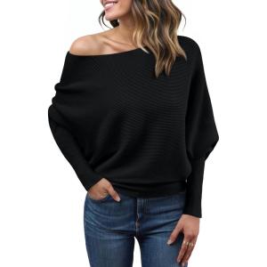 imageLILLUSORY Women One Shoulder Sweater Fall Fashion Long Batwing Sleeve Knit Pullover Cute Tops Trendy OutfitsBlack