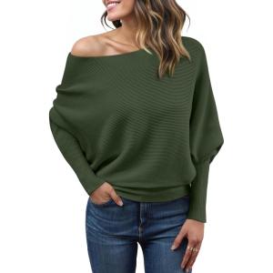 imageLILLUSORY Women One Shoulder Sweater Fall Fashion Long Batwing Sleeve Knit Pullover Cute Tops Trendy OutfitsGreen