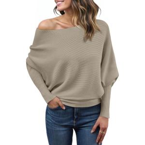 imageLILLUSORY Women One Shoulder Sweater Fall Fashion Long Batwing Sleeve Knit Pullover Cute Tops Trendy OutfitsTan