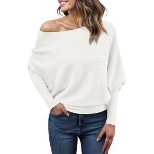 imageLILLUSORY Women One Shoulder Sweater Fall Fashion Long Batwing Sleeve Knit Pullover Cute Tops Trendy OutfitsWhite