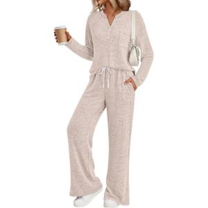 imageLILLUSORY Womens 2 Piece Lounge Sets Fall Outfits 2025 Sweatsuit Matching Cozy Soft Pjs Henley Neck Pajamas Pants FashionApricot