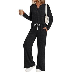 imageLILLUSORY Womens 2 Piece Lounge Sets Fall Outfits 2025 Sweatsuit Matching Cozy Soft Pjs Henley Neck Pajamas Pants FashionBlack