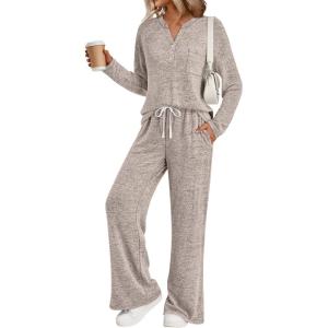 imageLILLUSORY Womens 2 Piece Lounge Sets Fall Outfits 2025 Sweatsuit Matching Cozy Soft Pjs Henley Neck Pajamas Pants FashionKhaki