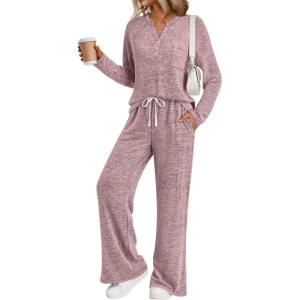 imageLILLUSORY Womens 2 Piece Lounge Sets Fall Outfits 2025 Sweatsuit Matching Cozy Soft Pjs Henley Neck Pajamas Pants FashionPink