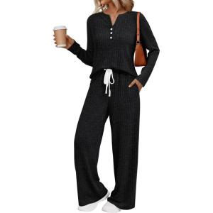 imageLILLUSORY Womens 2 Piece Lounge Sets Fall Outfits Henley Neck Sweater 2025 Matching Sweat Suits Comfy Pajamas Clothes PocketsBlack