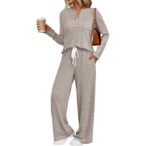 imageLILLUSORY Womens 2 Piece Lounge Sets Fall Outfits Henley Neck Sweater 2025 Matching Sweat Suits Comfy Pajamas Clothes PocketsCamel