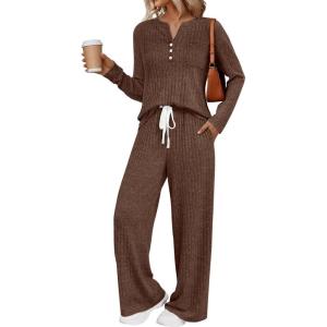 imageLILLUSORY Womens 2 Piece Lounge Sets Fall Outfits Henley Neck Sweater 2025 Matching Sweat Suits Comfy Pajamas Clothes PocketsChocolate Brown