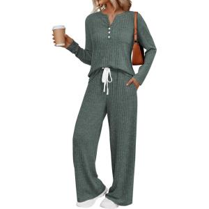 imageLILLUSORY Womens 2 Piece Lounge Sets Fall Outfits Henley Neck Sweater 2025 Matching Sweat Suits Comfy Pajamas Clothes PocketsGreen
