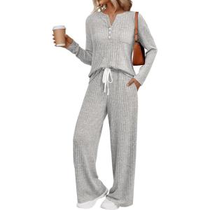 imageLILLUSORY Womens 2 Piece Lounge Sets Fall Outfits Henley Neck Sweater 2025 Matching Sweat Suits Comfy Pajamas Clothes PocketsGreyapricot