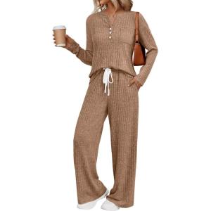 imageLILLUSORY Womens 2 Piece Lounge Sets Fall Outfits Henley Neck Sweater 2025 Matching Sweat Suits Comfy Pajamas Clothes PocketsKhaki