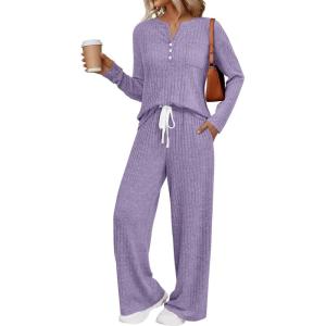 imageLILLUSORY Womens 2 Piece Lounge Sets Fall Outfits Henley Neck Sweater 2025 Matching Sweat Suits Comfy Pajamas Clothes PocketsPurple