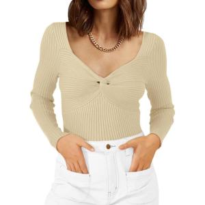 imageLILLUSORY Womens 2025 Twist Knot Fall Clothes Fashion Outfits Top Ribbed Long SleeveApricot