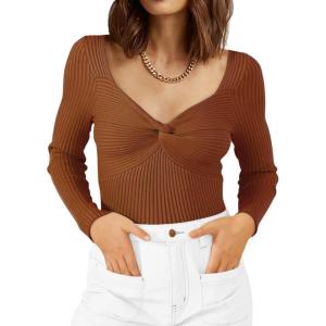 imageLILLUSORY Womens 2025 Twist Knot Fall Clothes Fashion Outfits Top Ribbed Long SleeveCaramel