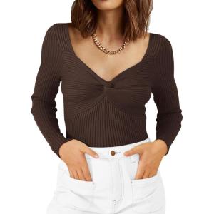 imageLILLUSORY Womens 2025 Twist Knot Fall Clothes Fashion Outfits Top Ribbed Long SleeveCoffee