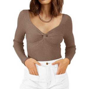imageLILLUSORY Womens 2025 Twist Knot Fall Clothes Fashion Outfits Top Ribbed Long SleeveNutmeg