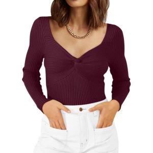 imageLILLUSORY Womens 2025 Twist Knot Fall Clothes Fashion Outfits Top Ribbed Long SleeveWine Red