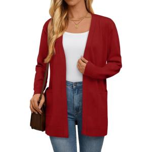 imageLILLUSORY Womens Long Cardigan Sweaters with Pockets Open Front Knit 2025Fall Fashion Outfits Winter ClothesRed
