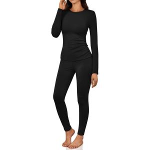 imageLILLUSORY Womens Long Johns Thermal Underwear Fleece Lined Leggings Warm Pajama Pants Set Shirts Winter Clothes 2025Black