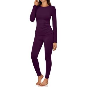 imageLILLUSORY Womens Long Johns Thermal Underwear Fleece Lined Leggings Warm Pajama Pants Set Shirts Winter Clothes 2025Purple