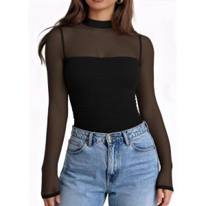imageLILLUSORY Womens Long Sleeve Mesh Tops Mock Neck See Through Lace Shirts Sheer Going Out Sexy 2025 Fall Fashion OutfitsBlack