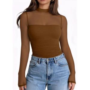 imageLILLUSORY Womens Long Sleeve Mesh Tops Mock Neck See Through Lace Shirts Sheer Going Out Sexy 2025 Fall Fashion OutfitsBrown