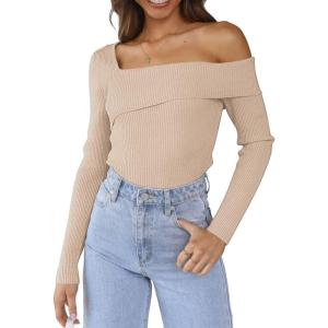 imageLILLUSORY Womens Off The Shoulder Sweaters Going Out Fall Sexy Knit Pullover Lightweight Asymmetrical Tops Clothes 2025Apricot
