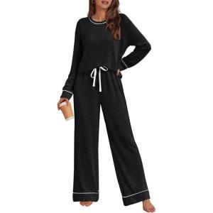 imageLILLUSORY Womens Pajamas Sets Long Sleeve Pjs Two Pieces Lounge Sleep Wear Matching Set With PocketsBlack