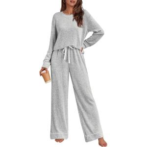 imageLILLUSORY Womens Pajamas Sets Long Sleeve Pjs Two Pieces Lounge Sleep Wear Matching Set With PocketsLight Grey