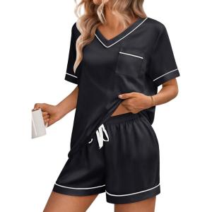 imageLILLUSORY Womens Silk Satin Pajama Set 2025 Short Sleeve Pjs Loungewear 2 Piece Sleepwear Matching Lounge OutfitBlack