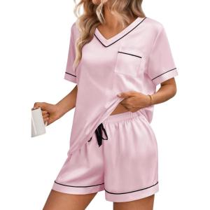 imageLILLUSORY Womens Silk Satin Pajama Set 2025 Short Sleeve Pjs Loungewear 2 Piece Sleepwear Matching Lounge OutfitPink