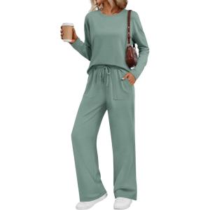 imageLILLUSORY Womens Sweatsuits 2 Piece Outfits Lounge Matching Sweat Sets Casual Sweatshirts Wide Leg Sweatpants Tracksuit SetsBeangreen